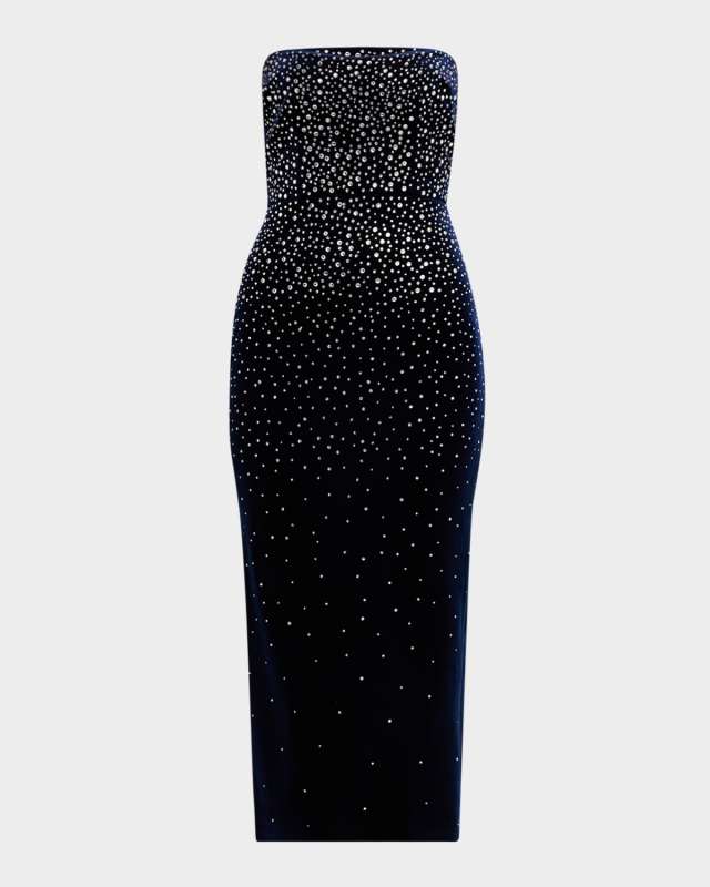 Strapless Crystal Velvet Midi Dress